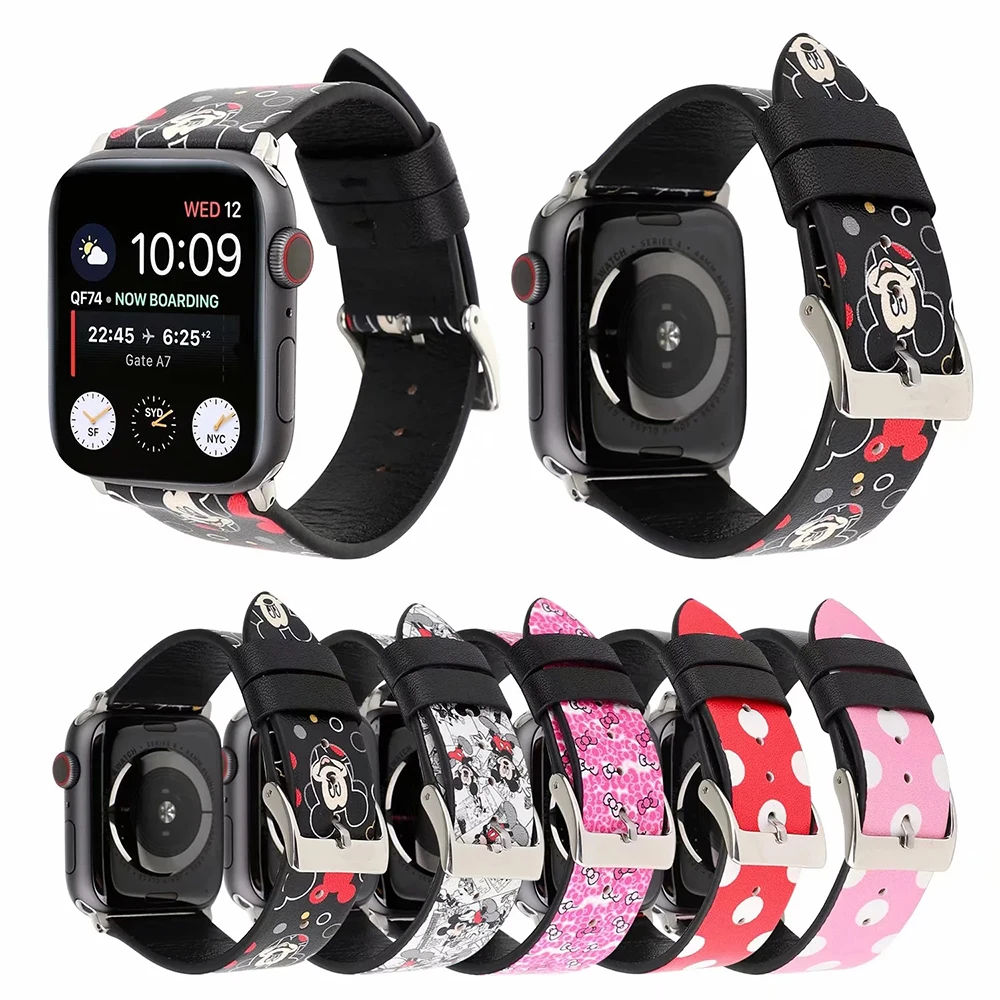 

Genuine Leather band for Apple Watch Series 4 3 2 1 44mm 40mm 38mm 42mm Mickey Mouse Minnie Cartoon strap Kitty For iWatch