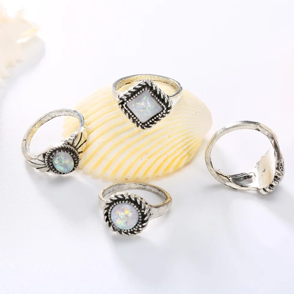 FAMSHIN 4 шт. Vintage Opal камень набор колец для женщин старинное серебро Цвет