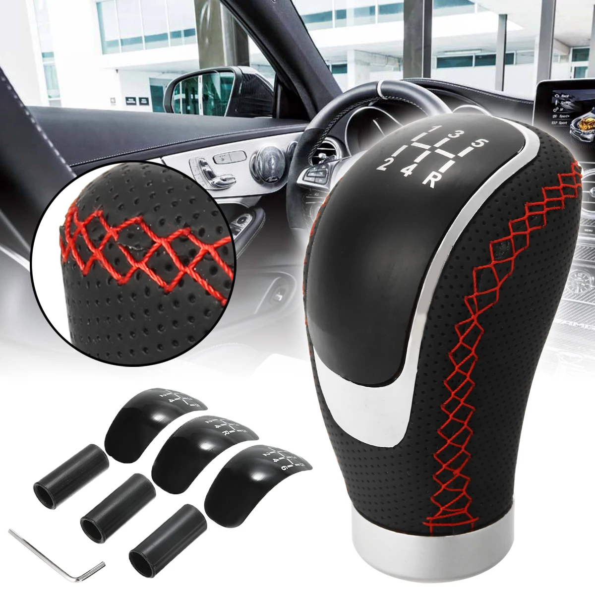 5 6 Speed Genuine PU Leather Gearshift Universal Replacement Manual Car Gear Stick Shift Knob Set 96x50mm