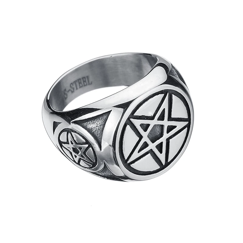 

Pentagram Star Circle Mens Black Silver 316L Stainless Steel Ring Wholesale Jewelry