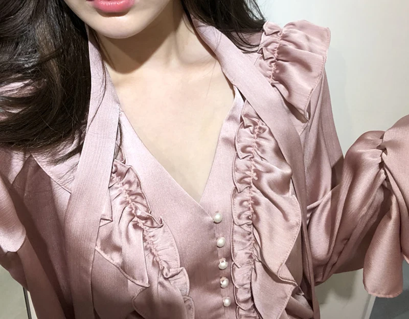 Pecho Solo Verde rosado Trompeta Dulce Loto Temperamento 2018 Más Manga Blusas Limited Nueva Señoras Hoja Hongo Camisa Las cuello Tamaño blanco V De RZ1v61qU