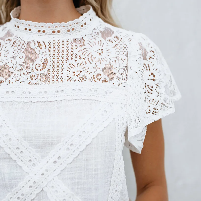 Cotton Lace Short Petal Sleeve Women's Shirts 2019 Patchwork Appliques Vintage Stand Collar Female O Neck Casual Summer Blouses