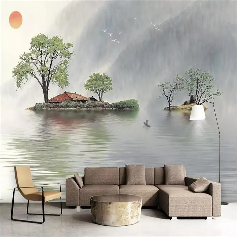 

Custom 3d wallpaper new Chinese style mood reflection fresh ink landscape sofa background wall large mural