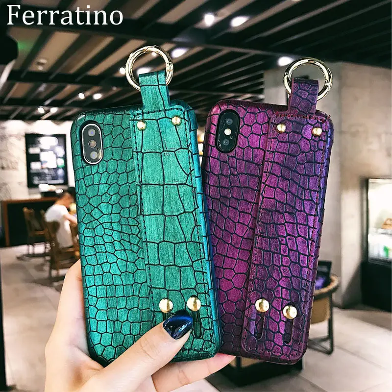 Luxury Crocodile Texture Leather Phone Case for iPhone X XS Max XR 6 6S 7 8 Plus Wrist Strap Protective Cases Back Cover Fundas |