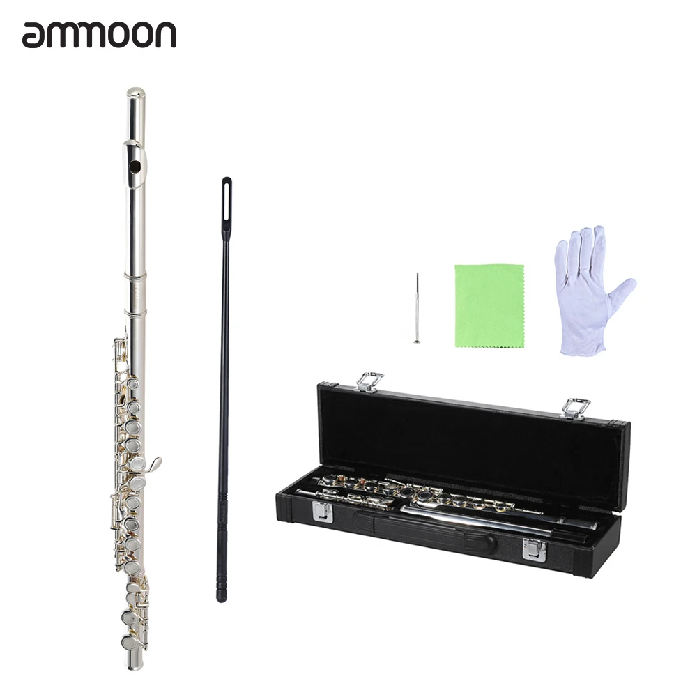 

ammoon Concert Flute C Key Flute Cupronickel Silver Plated 16 Closed Holes with Case Screwdriver Wind Instruments