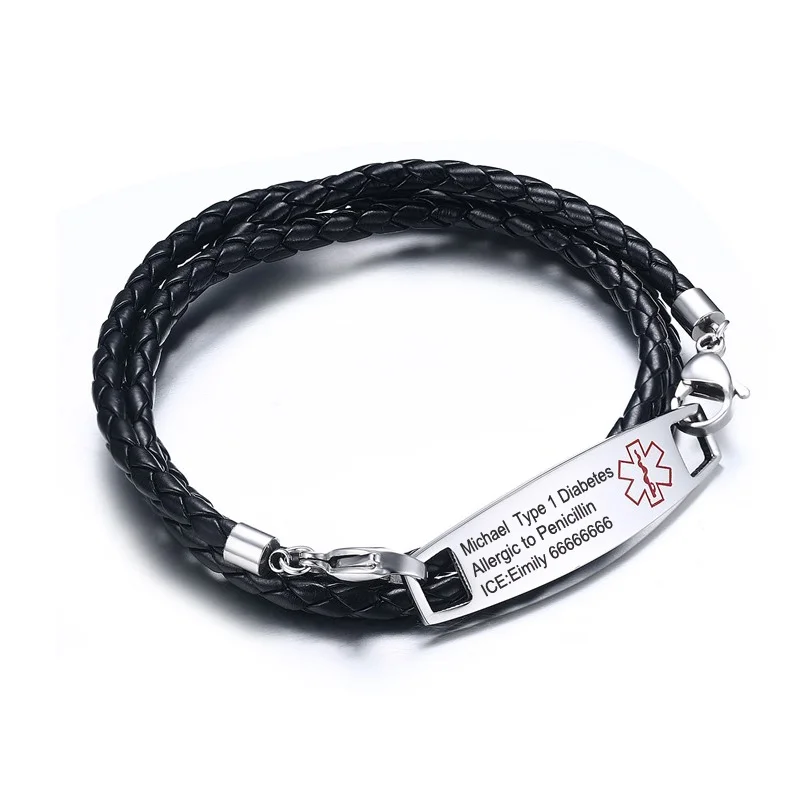

Vnox Free Personalized Engraving ICE Info Medical Alert Bracelet Black Pink Red Leather Jewelry