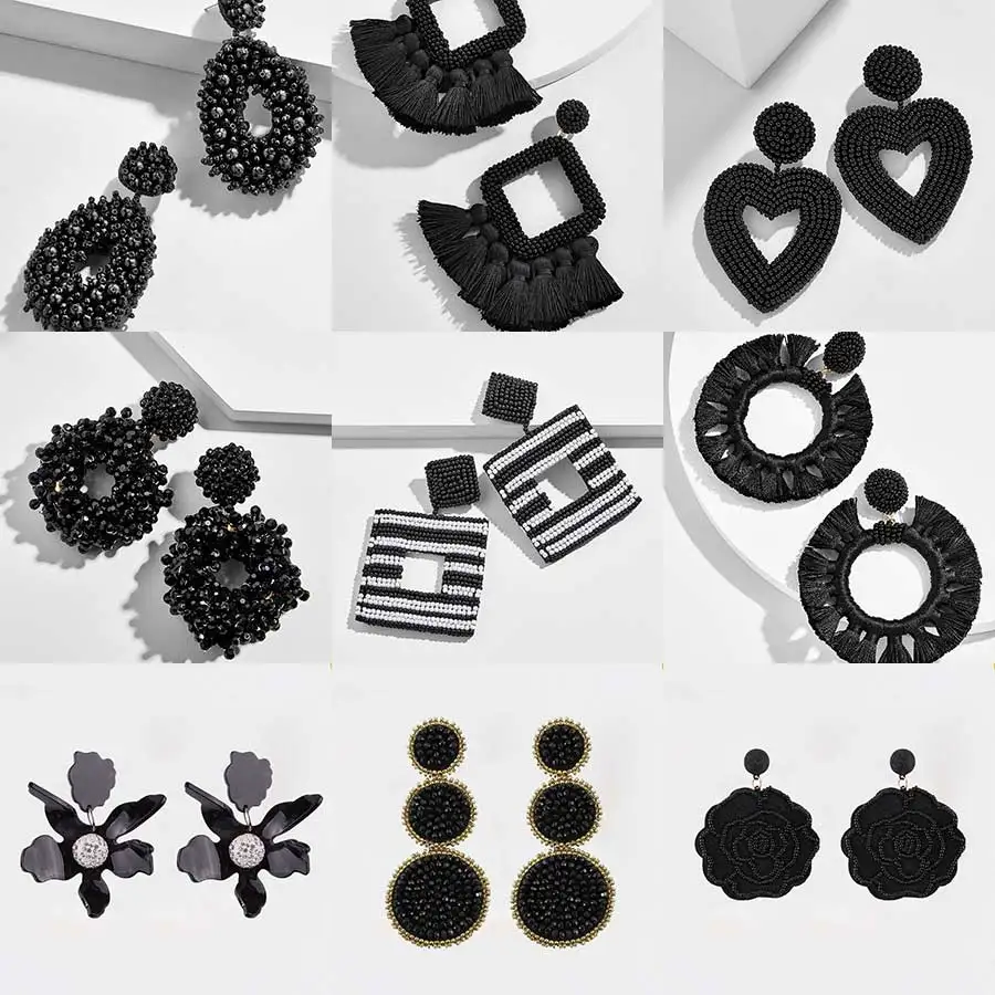 

Dvacaman Handmade Black Beads Earrings Women Baroque Hanging Earrings Statement Bridal Party Jewelry Lady Large Drop Earrings