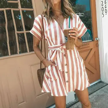

Women Summer Dress Striped V Neck Casual Button Short Sleeve Loose Dress Fashion Women Clothes Mini Dresses