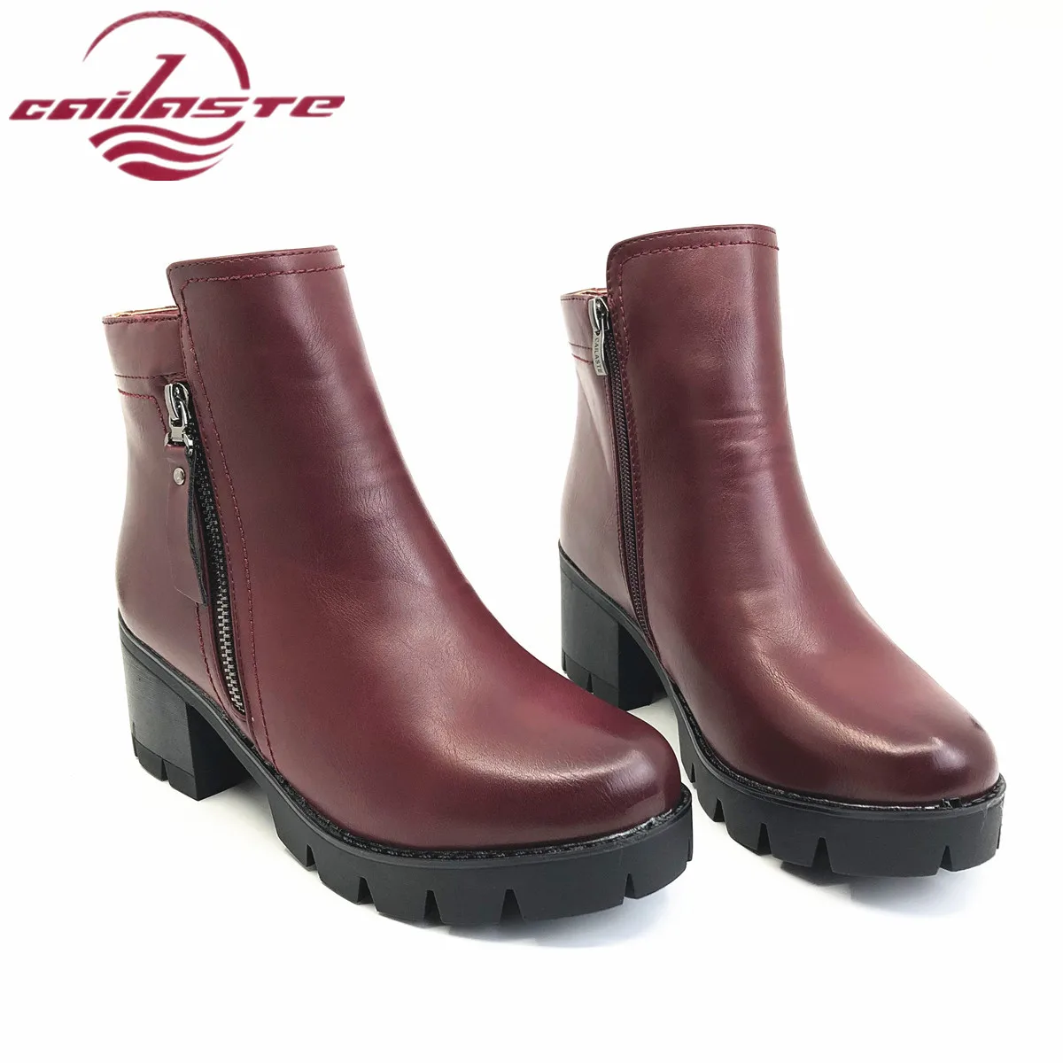 

CAILASTE 2019 Winter Autumn Women thick high heel shoes leather ankle boots zipper platform non-slip round toe shoes small size