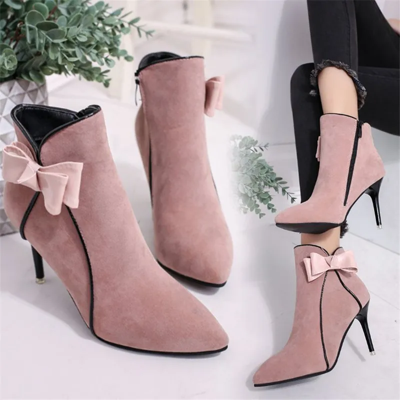 

2018 Shoes Women Winter Boots Flock Ankle Boots Spring Autumn Women Boats Ladies Party Western Boot High Heel shoes Bow Zipper