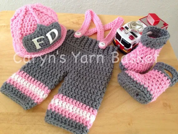 

New Baby pink firefighters hat boots with matching Pants baby sets newborn crochet Photography Props Free shipping