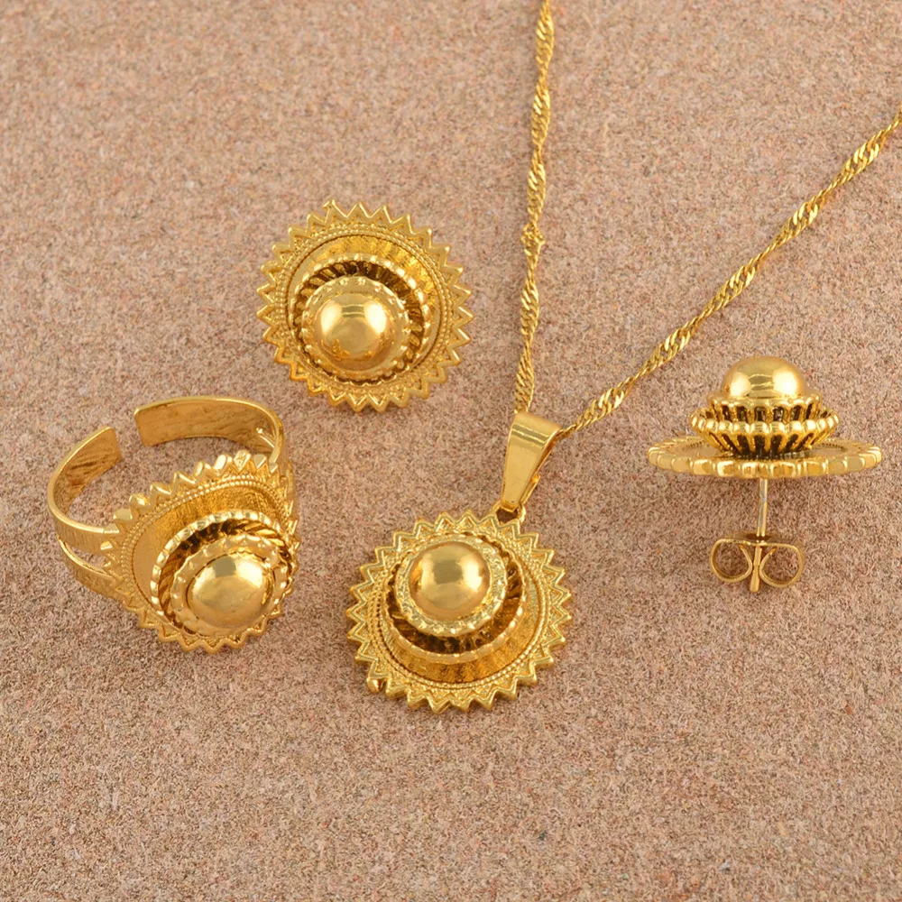 Anniyo Эфиопский маленький набор ювелирных изделий ожерелье серьги кольцо золотого цвета Африканские свадебные наборы Habesha Эритрея Свадьба Судан#045306
