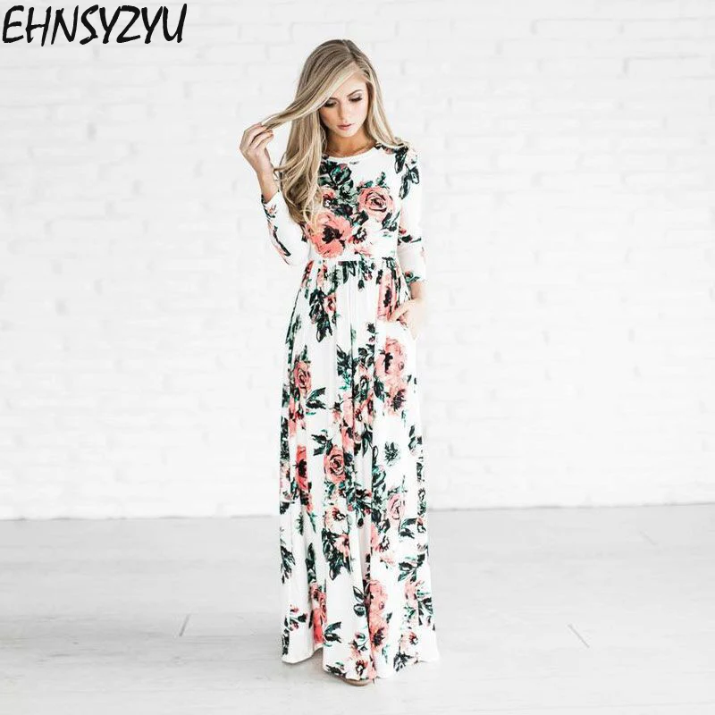 

4 Style Fashion Women Print Long Boho Beach Dress Summer Dress 2018 O-Neck Long Sleeve Flower Maxi Dress Vestidos Dress Women