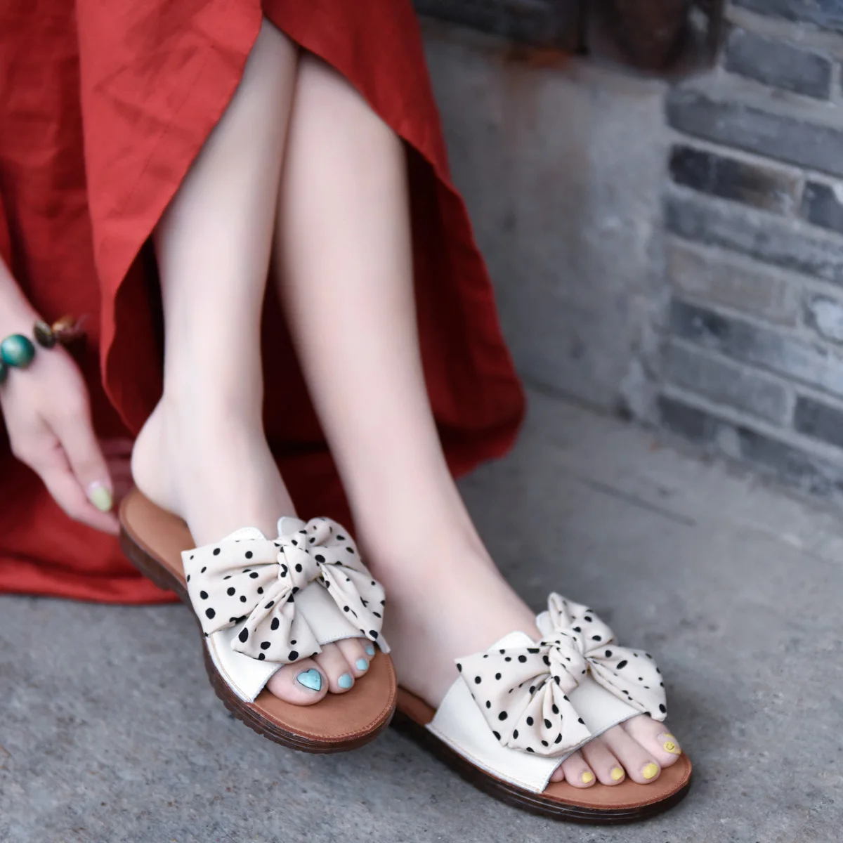 

Artmu New Butterfly-knot Women Slippers Flat Bottom Wave Point Soft Bottom Beach Slippers Comfortable Slippers Outside Handmade