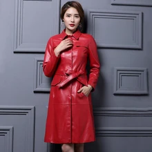 Новые оригинальные натуральным из овечьей кожи длинное пальто для женщин осенне-весенняя одежда дамы Slim Тренч Черный Красный 2XL 3XL XXXL