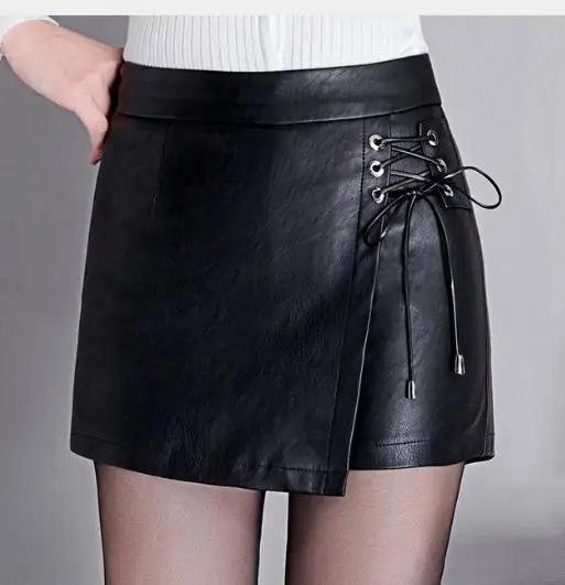 Новинка, женская черная юбка-шорты из искусственной кожи, большие размеры, весенние и осенние женские кожаные шорты на шнуровке, M/4Xl J2687 - Цвет: black