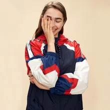 Спортивный стиль осень и зима новая мода красный белый синий хит цвет Женский Повседневный плащ с капюшоном