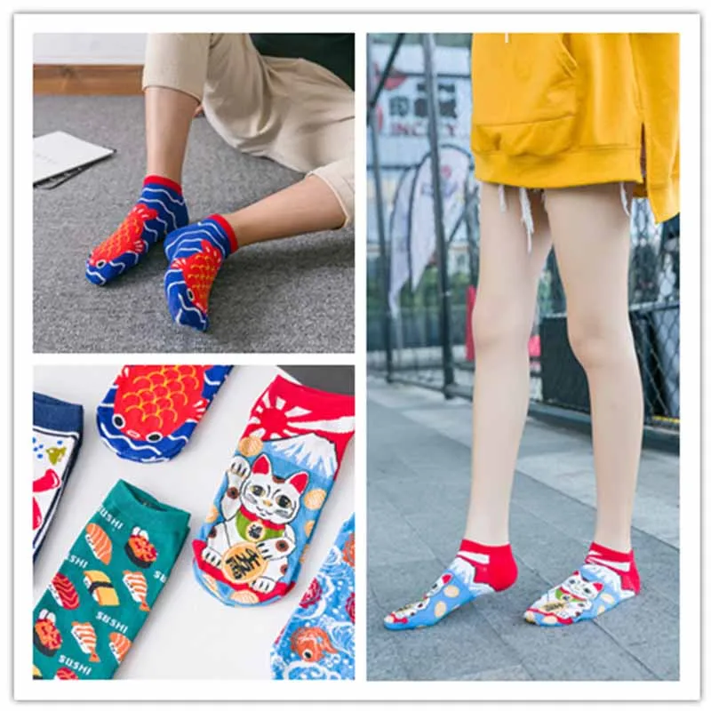 

Japanese Cartoon Carp Flag/ Lucky Cat/ice/Sushi Jacquard Spring Summer Cute kawai No Show Ankle Socks Women Girls
