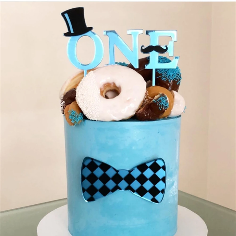 

Acrylic Tie Hat Cake Topper One Year 1st First Happy Birthday Party Kids Boys Baby Shower Anniversary Decoration Supplies