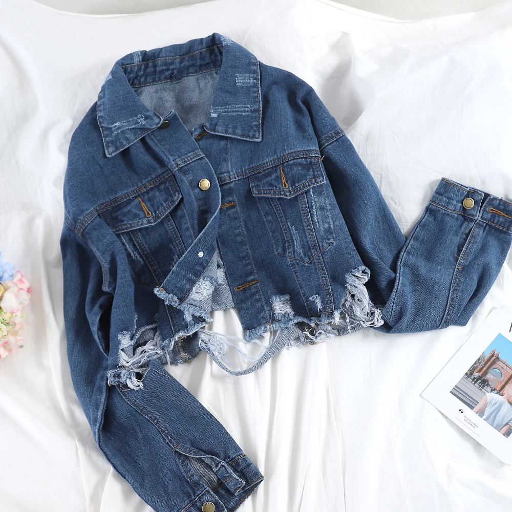SINGRAIN/джинсовая куртка-бомбер с бахромой и потертостями; Женская Осенняя джинсовая куртка в стиле Харадзюку С рваными дырками; Верхняя одежда в винтажном стиле; синее базовое пальто