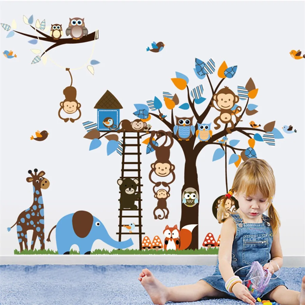Мультфильм лес ветка дерево животное сова обезьяна жираф ПВХ наклейки на стену для детской комнаты Мальчики Девочки Детская спальня домашний декор - Цвет: black