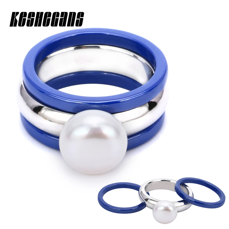 

Blue Color Can Be Split 3pcs/Set Ceramic Rings With Big Pearl Stainless Steel Ring For Women Girl Elegant Fashion Jewelry Gifts