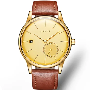 

AESOP thinness 8.5mm Classic Simple Watch Men Sapphire Crystal Minimalist Male Clock Genuine Leather hour Relogio Masculino 9036