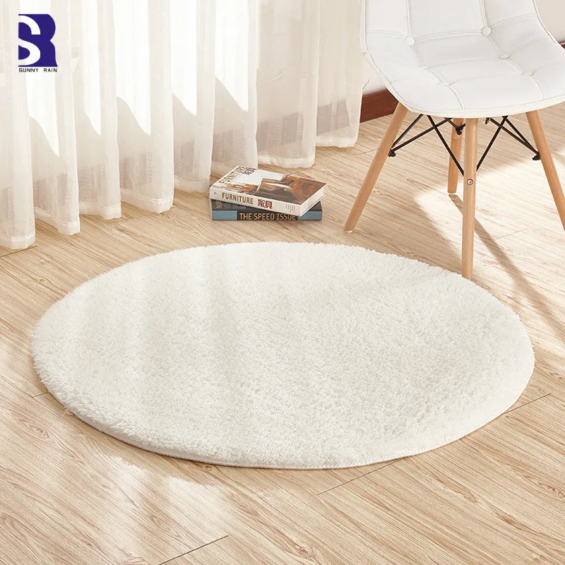 

SunnyRain Solid Color Fluffy Round Rugs for Bedroom White Rug Living Room Carpet and Rug