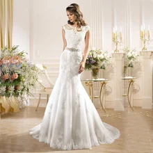 Elegant White Scoop V Back With Beaded Ribbon Cap Sleeves Lace Mermaid Wedding Dresses 2016 Custom Made Vestidos De Noiva 2017