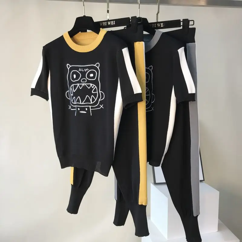 

Summer Women Knitted Trackuit Cartoon Embroidery Short-sleeve Tops and Side Striped Pants 2 Pcs Set
