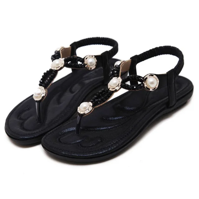 TIMETANG/Коллекция года; женские сандалии на плоской подошве в богемном этническом стиле; Вьетнамки с бусинами и жемчужинами; пляжная летняя удобная обувь; Свадебная обувь; C043 - Цвет: Черный