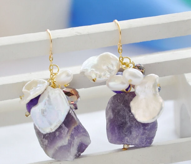 

hot sell new - free shipping 12161 white keshi baroque pearl jade amethyst dangle earring