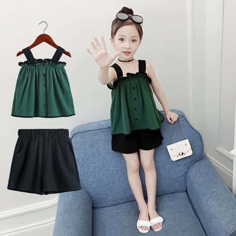 

2019 new 3-8 year old fashion children's suit, girls' summer dress, suspender shorts, two-piece