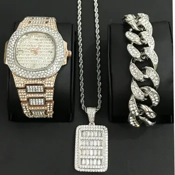 

Luxury Men Watch Hip Hop Men Jewelry Stylish Watch & Bracelet & Necklace Combo Set Shining Pendant Ice Out Cuban Bracelet
