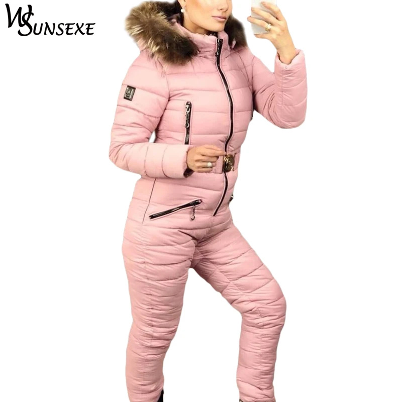 Зимний теплый лыжный костюм, элегантная хлопковая стеганая куртка с капюшоном, пальто с натуральным мехом на молнии, цельный комбинезон, женские повседневные спортивные костюмы - Цвет: Розовый