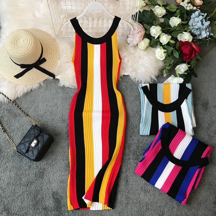 Sleeveless Round Neck Rainbow Vertical Striped Vintage Knit Dress