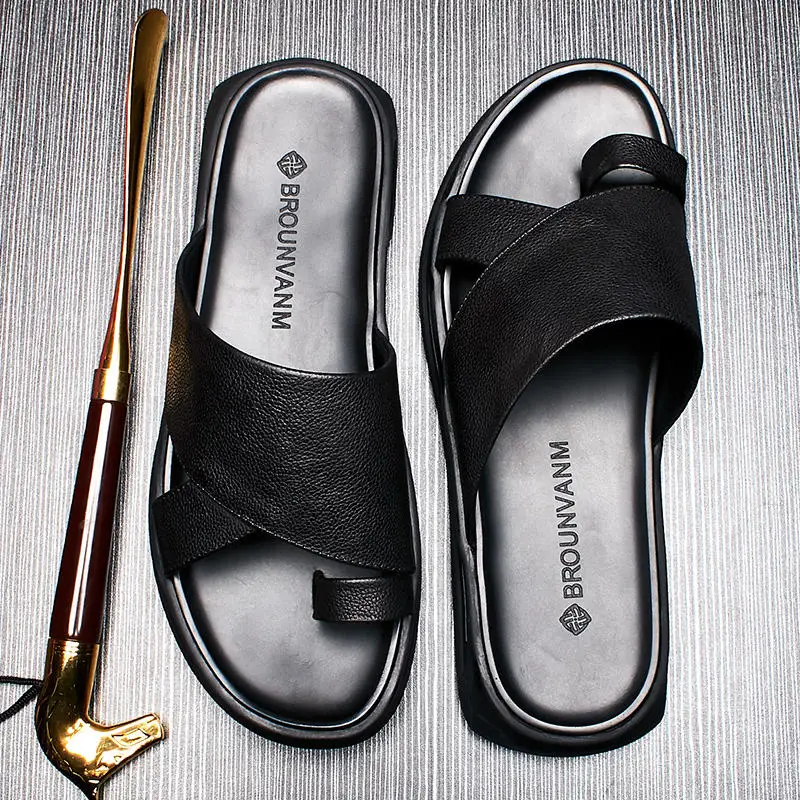 US 6-9 Men's Summer Flip-Flop Slippers Litchi Stria Sandals Cow leather Trendy Man Nonslip Outdoor Slides