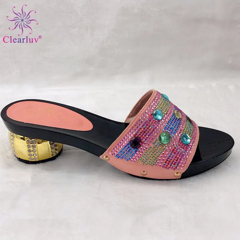 

Latest 2019 New Style African Women Super High Heels and High Quality with Shinning Crystal for Wedding Party Pink Color