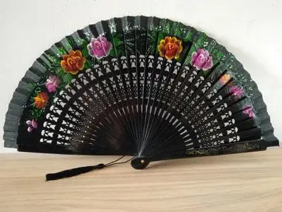 Винтажный выдолбленный испанский розовый складной веер для танцев, деревянный ручной цветок, бамбуковые вентиляторы, резьба, ремесло, подарки - Цвет: H Single side