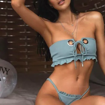 

New Bandeau String Bikini Crop top Front Tie Swimsuit Solid Strapless Swimmimg suit For Women Ruffle Two Pieces Bathing Suit