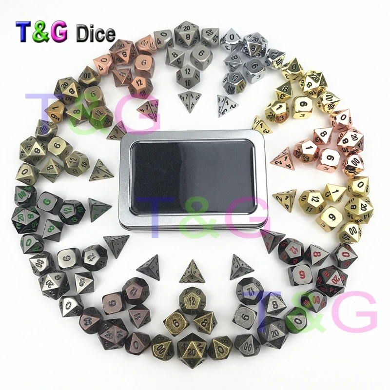 

T&G 7PCS Brand New Various Metal Dice Cubes Set Plus Iron Boxes of D4 -D20 Bulk for Dados Rpg D&d Board Game Winner