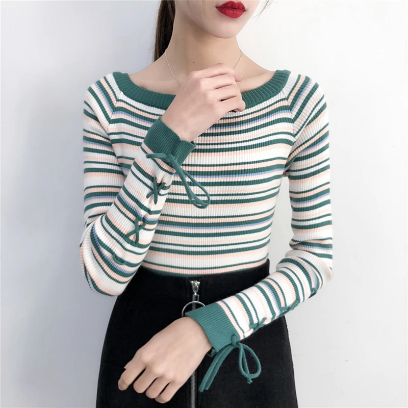 

Shintimes 2018 Winter New Arrival Women Casual Lace Up Pullovers Sweaters Knitted Sweater Autumn Slim Striped O Neck Sweaters