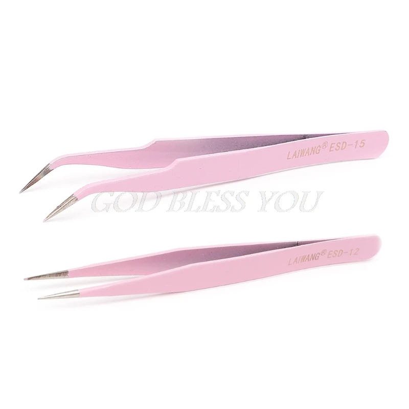 

2PCS Pink Straight & Curved Tweezer For Eyelash Extensions Nail Art Nippers