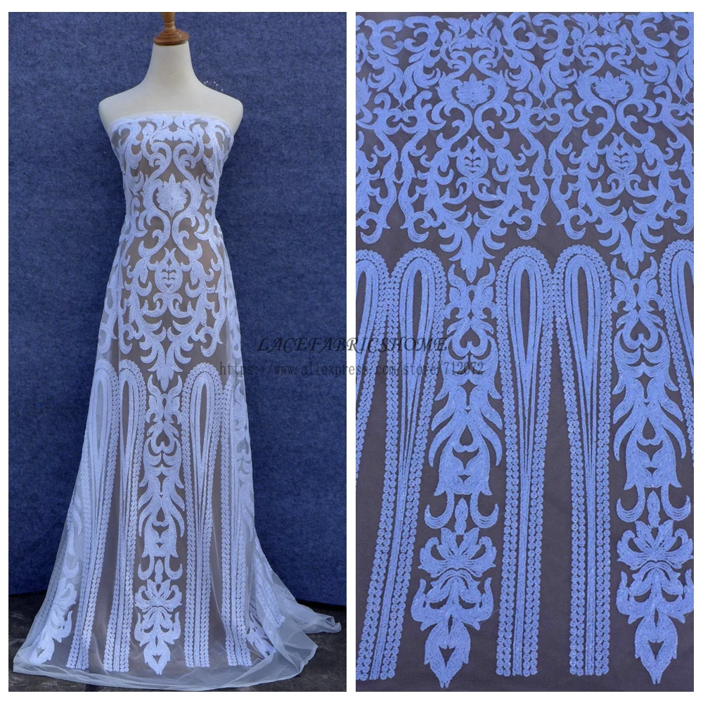 1 ярд стрейч модное шоу белые блестки на off-White сетка вышивка шоу/вечернее/свадебное/сценическое дамское платье ткань