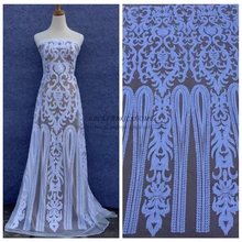 1 ярд стрейч модное шоу белые блестки на off-White сетка вышивка шоу/вечернее/свадебное/сценическое дамское платье ткань