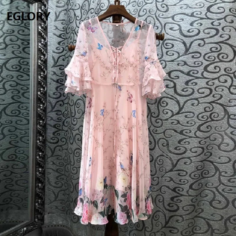 Women's Clothing Dresses 2019 Summer Fashion Ladies V-Neck Sexy Cross String Floral Birds Pattern Sweet Pink Black Silk Dress