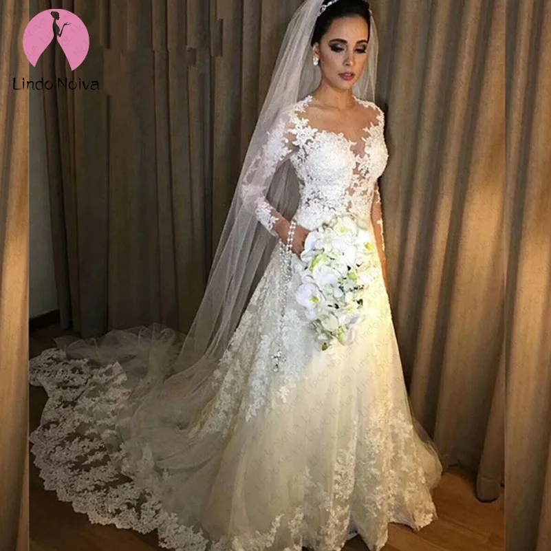 

Vestido De Noiva Cheap Sexy Illusion A Line Long Sleeves Lace Wedding Dress 2019 Robe De Mariee Vestido De Casamento Custom Made