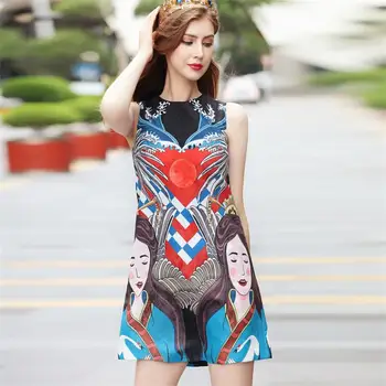 

Summer Dress 2018 High Quality Women Designer Runway O- Neck Sleeveless Printed Loose Casual Mini Dresses NPD0830N