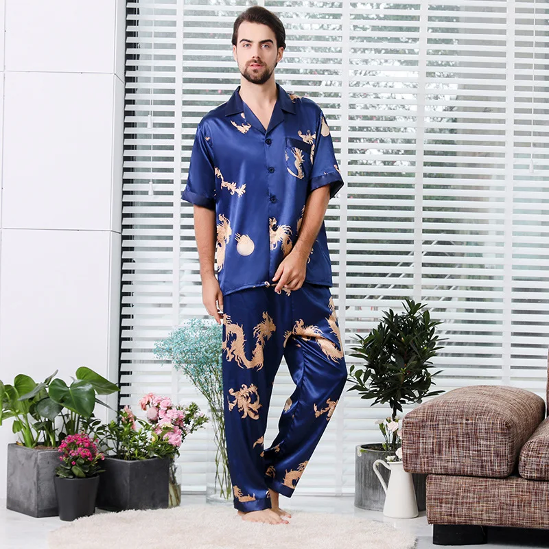 SusanDick Роскошный шелк пара пижамы наборы короткий рукав печати мягкий Для мужчин Для женщин атласные пижамы брюки костюм лето-осень пижамный комплект - Цвет: blue men