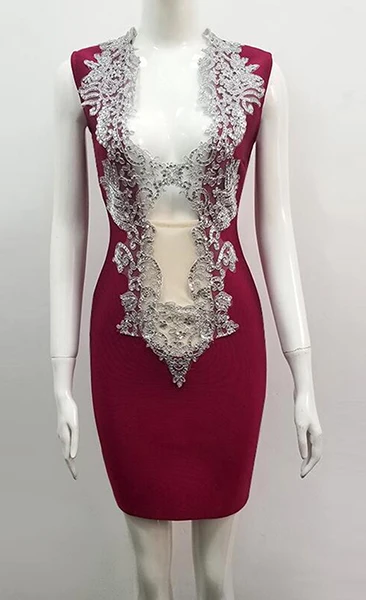 Летнее сексуальное облегающее платье для женщин с глубоким v-образным вырезом Leibi повязка с блестками платье для ночного клуба Мини Вечерние платья Vestido Vestidos - Цвет: Бургундия
